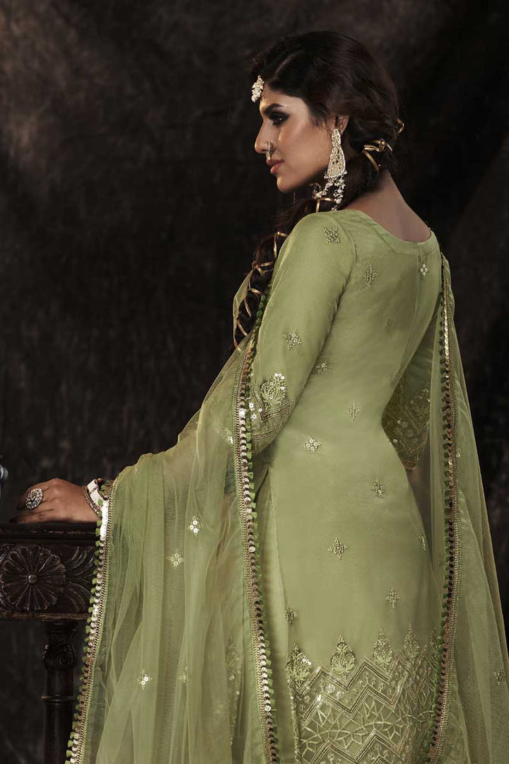 Net Fabric Green Color Function Wear Riveting Sharara Suit With Sequins Work