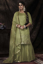 Load image into Gallery viewer, Net Fabric Green Color Function Wear Riveting Sharara Suit With Sequins Work
