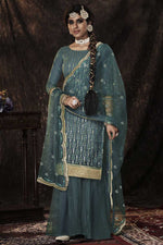 Load image into Gallery viewer, Function Wear Net Fabric Cyan Color Excellent Sharara Suit With Sequins Work
