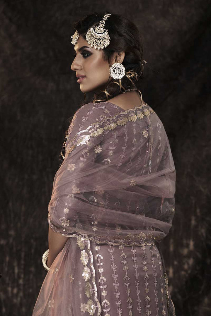 Sequins Work On Chikoo Color Net Fabric Function Wear Princely Sharara Suit