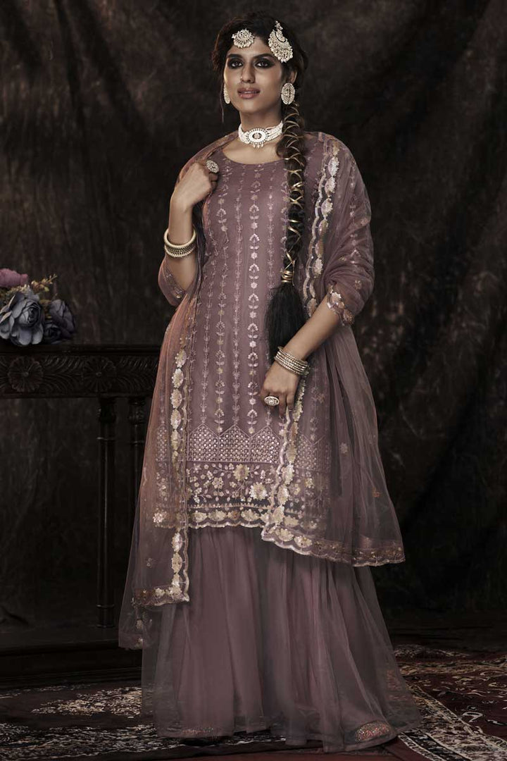 Sequins Work On Chikoo Color Net Fabric Function Wear Princely Sharara Suit