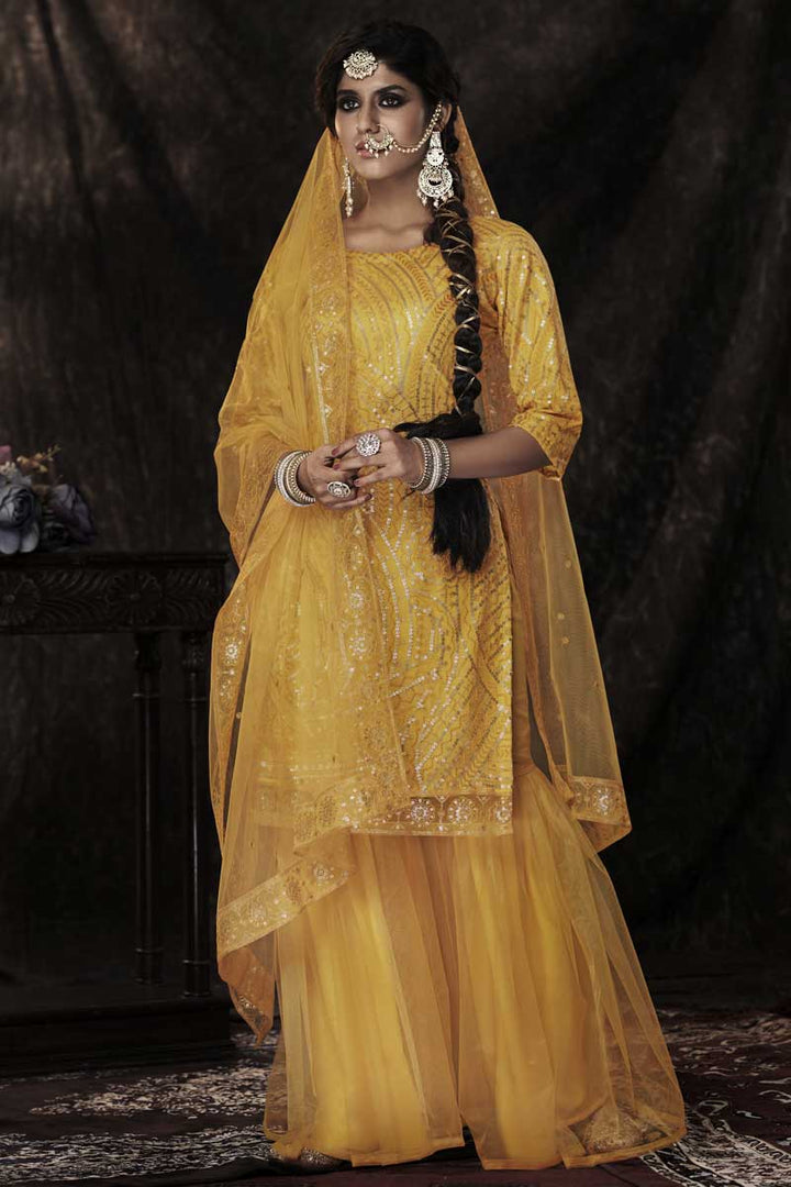 Net Fabric Yellow Color Function Wear Patterned Sharara Suit With Sequins Work