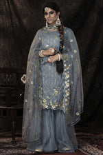 Load image into Gallery viewer, Grey Color Net Fabric Engaging Function Wear Sharara Suit With Sequins Work
