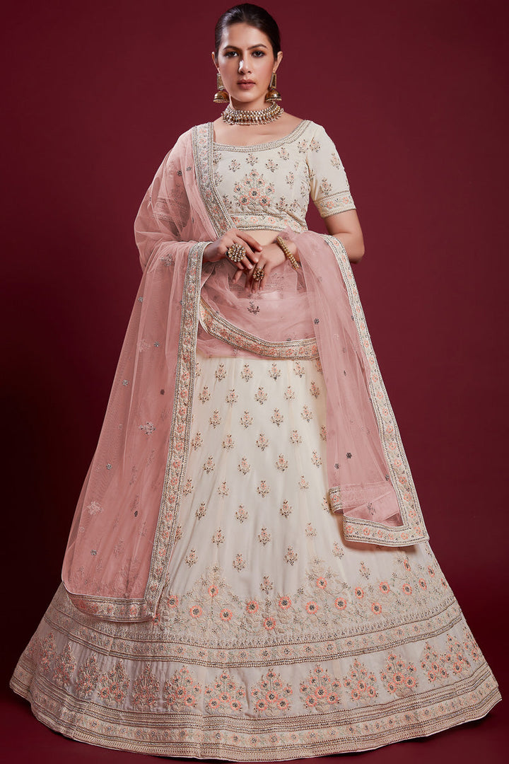 Enchanting White Georgette Lehenga With Intricate Embroidered and Thread Work