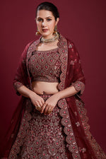 Load image into Gallery viewer, Stunning Burgundy Color Net Lehenga With Thread Work and Zarkan Work
