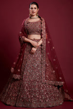 Load image into Gallery viewer, Stunning Burgundy Color Net Lehenga With Thread Work and Zarkan Work
