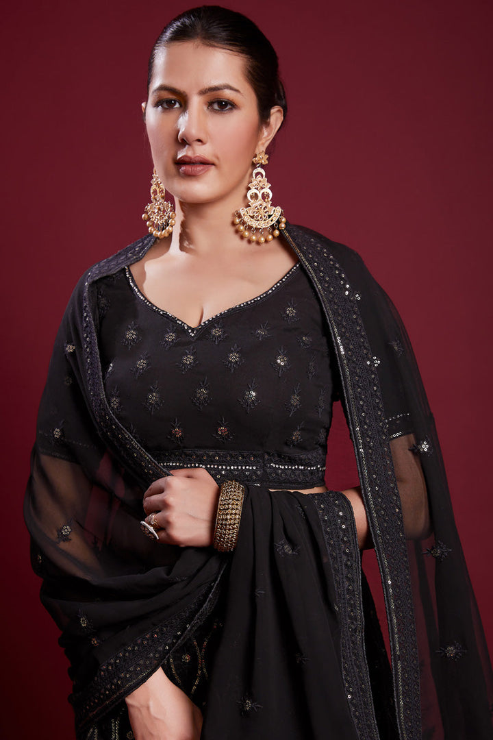 Regal Black Georgette Lehenga With Intricate Embroidered  and Zarkan Work