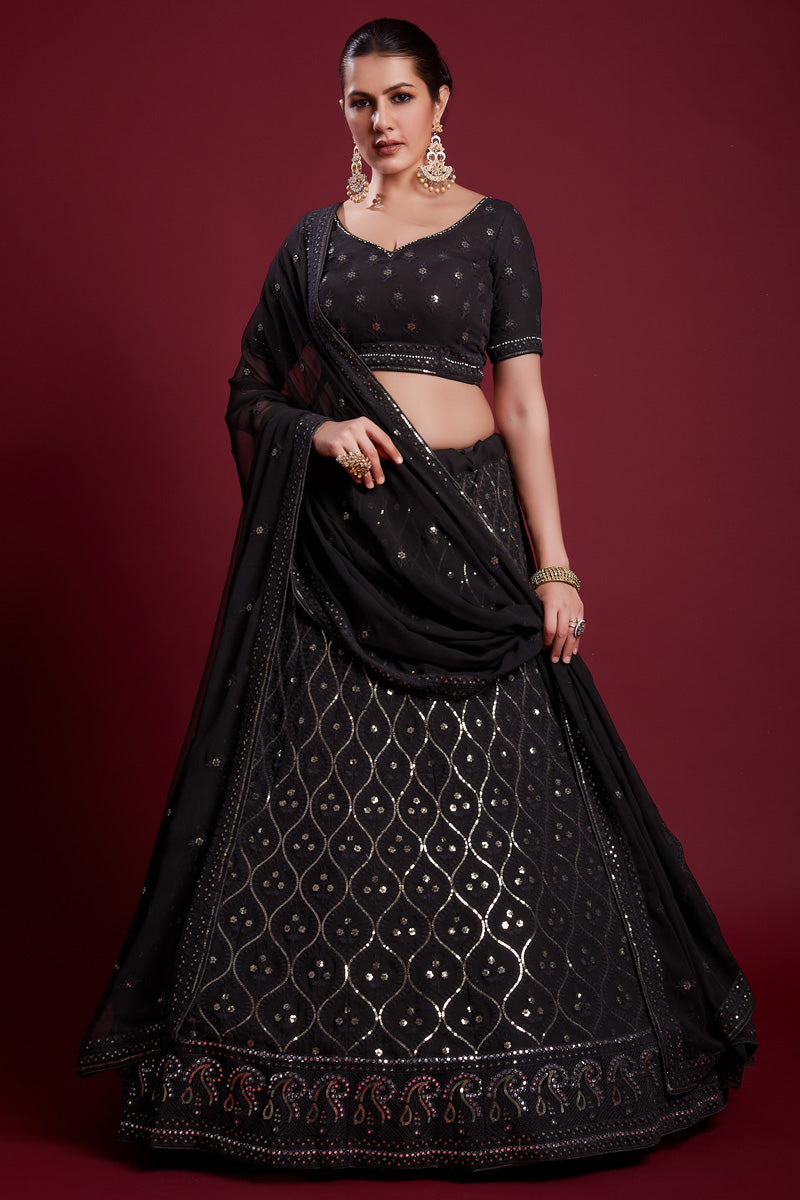 Regal Black Georgette Lehenga With Intricate Embroidered  and Zarkan Work