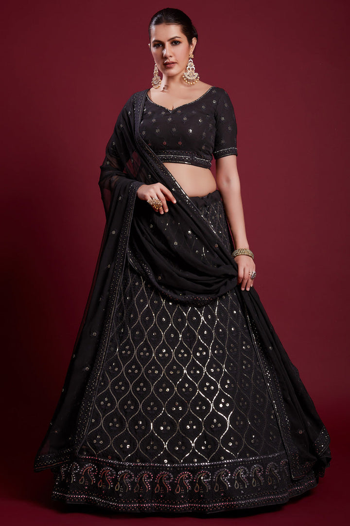 Regal Black Georgette Lehenga With Intricate Embroidered  and Zarkan Work