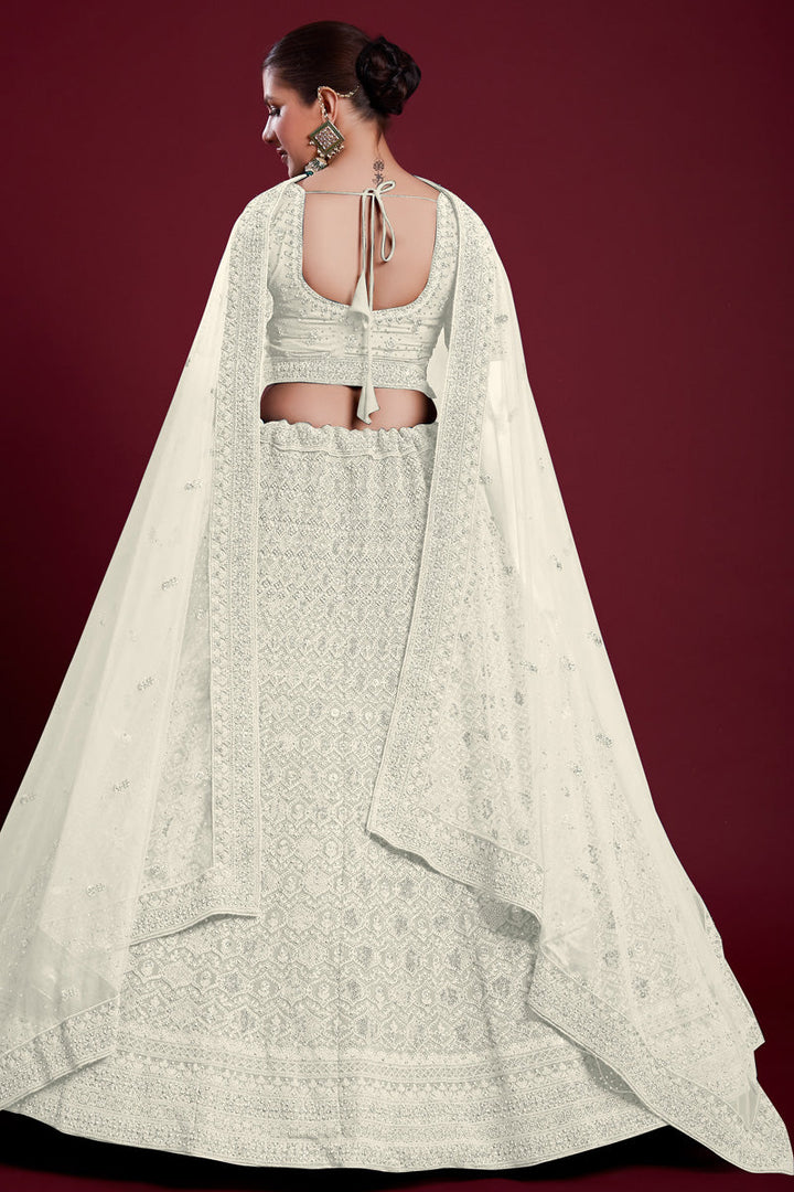 Luxurious White Georgette Lehenga With Embroidered and Thread Work