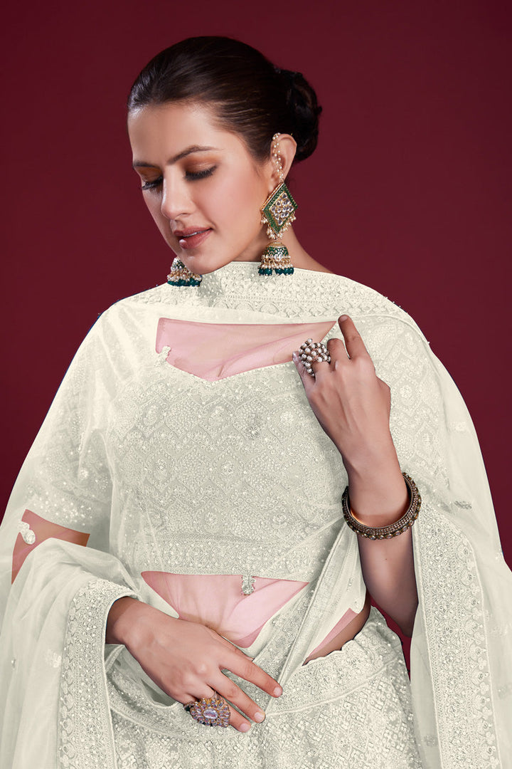 Luxurious White Georgette Lehenga With Embroidered and Thread Work