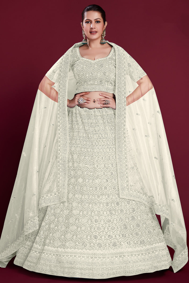 Luxurious White Georgette Lehenga With Embroidered and Thread Work