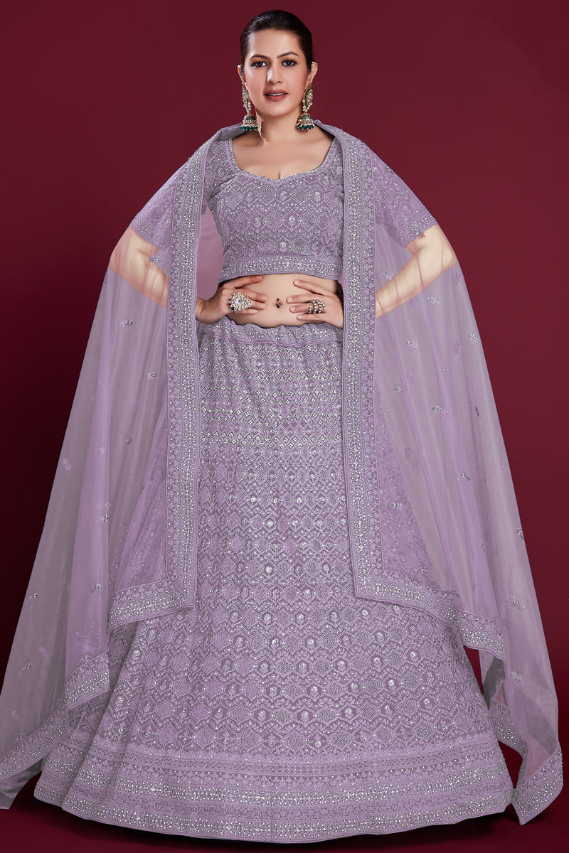 Ravishing Lavender Color Georgette Lehenga With Exquisite Embroidered for Wedding