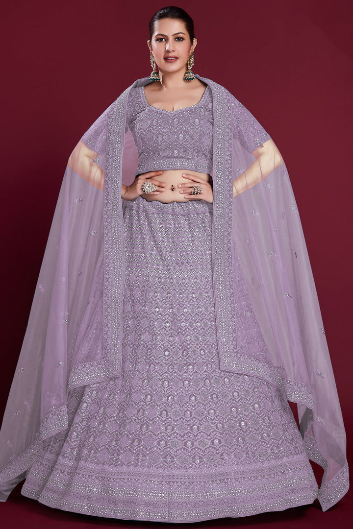 Ravishing Lavender Color Georgette Lehenga With Exquisite Embroidered for Wedding