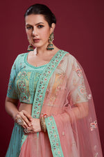 Load image into Gallery viewer, Stunning Cyan Color Georgette Lehenga With Zarkan Embellishments for Wedding
