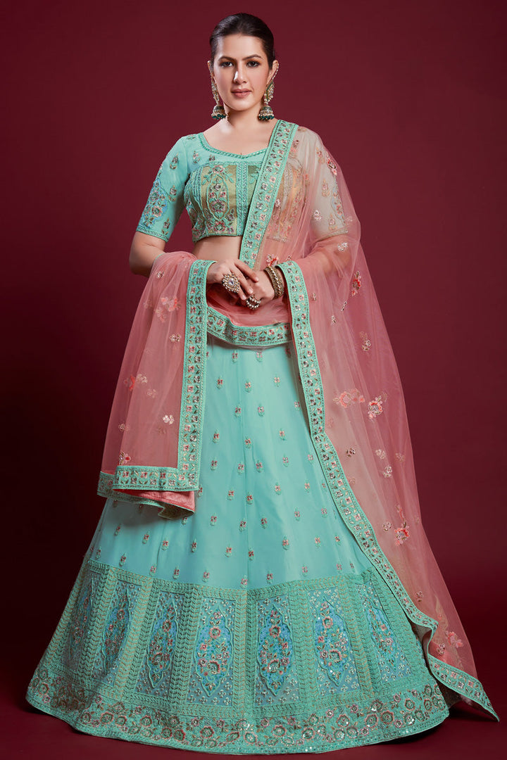 Stunning Cyan Color Georgette Lehenga With Zarkan Embellishments for Wedding