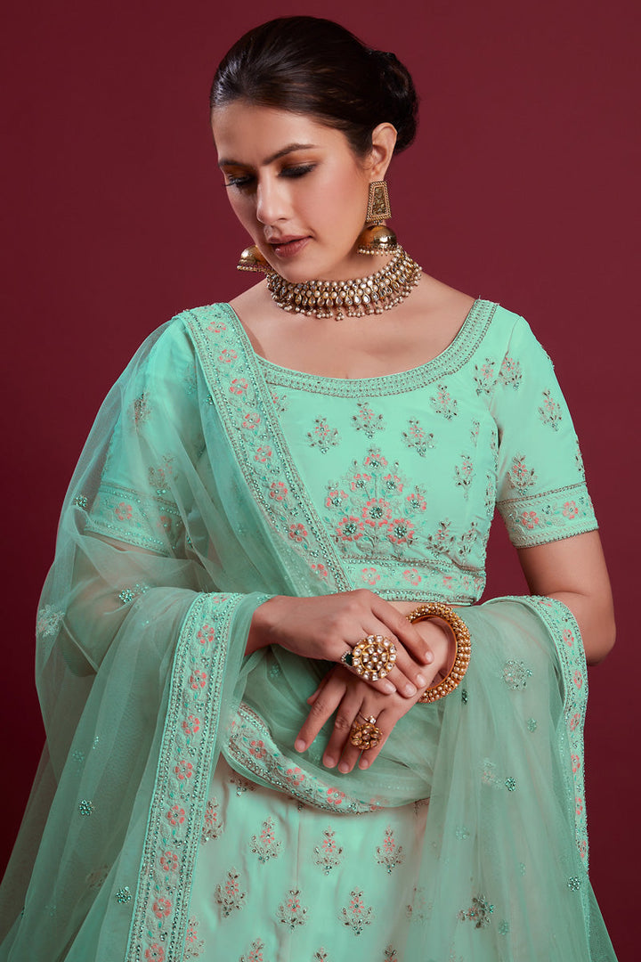Elegant Georgette Cyan Color Lehenga With Embroidered And Thread Work