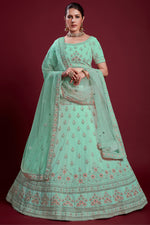 Load image into Gallery viewer, Elegant Georgette Cyan Color Lehenga With Embroidered And Thread Work
