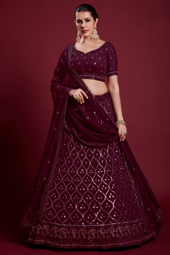Ravishing Wine Color Georgette Lehenga With Embroidered for Wedding