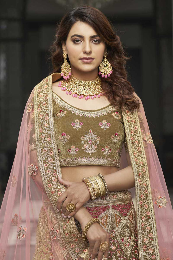 Velvet Fabric Attractive Khaki Color Function Wear Lehenga With Embroidered Work