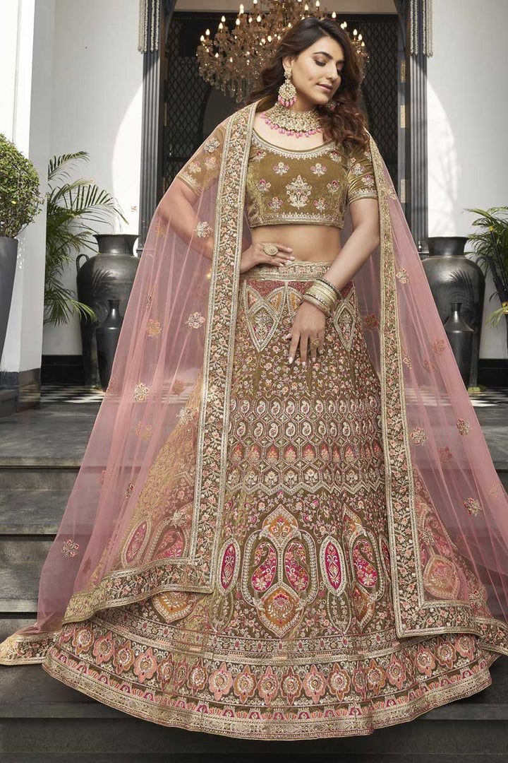 Velvet Fabric Attractive Khaki Color Function Wear Lehenga With Embroidered Work
