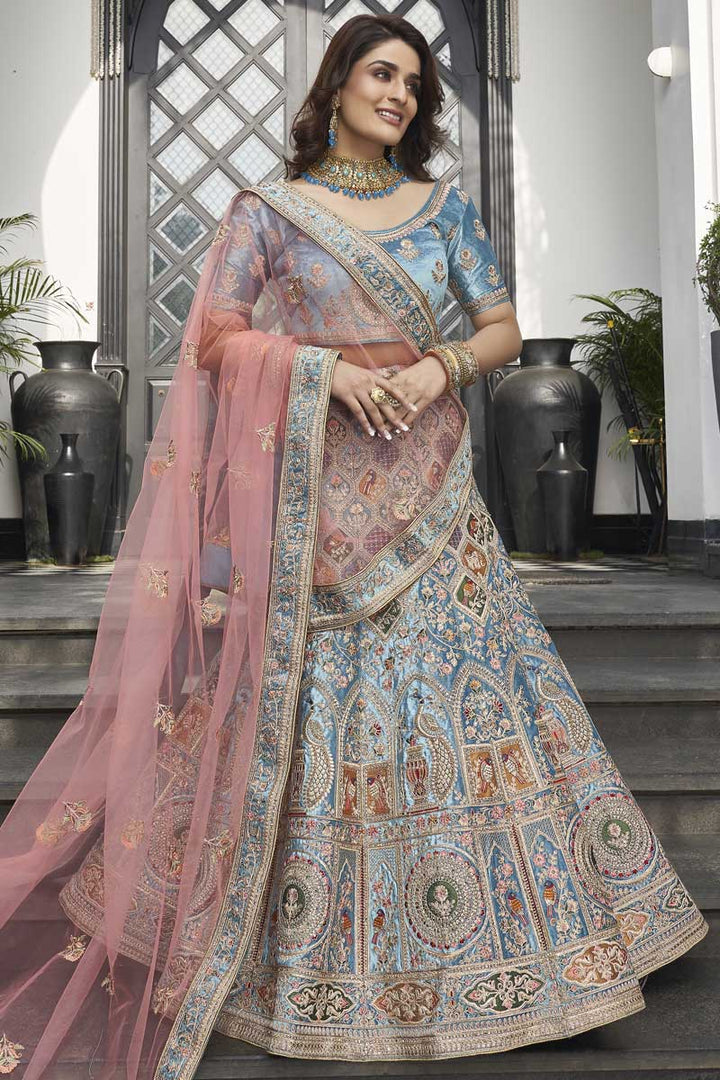 Light Cyan Color Alluring Velvet Fabric Function Wear Lehenga With Embroidered Work