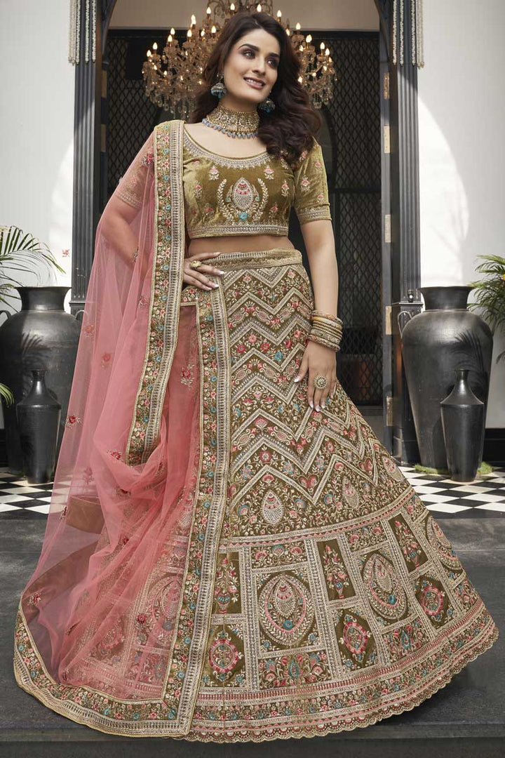 Beautiful Mehendi Green Color Velvet Fabric Function Wear Lehenga With Embroidered Work