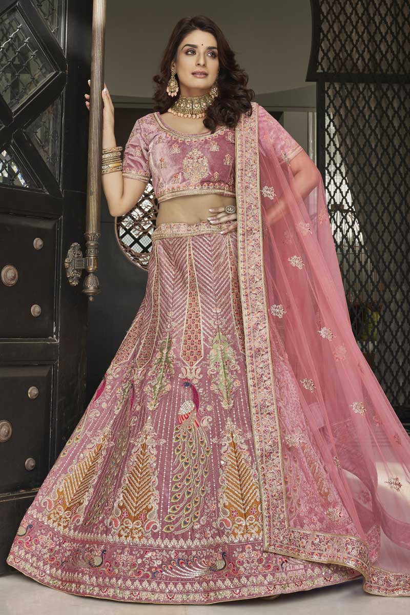 Velvet Fabric Charismatic Pink Color Function Wear Embroidered Work Lehenga