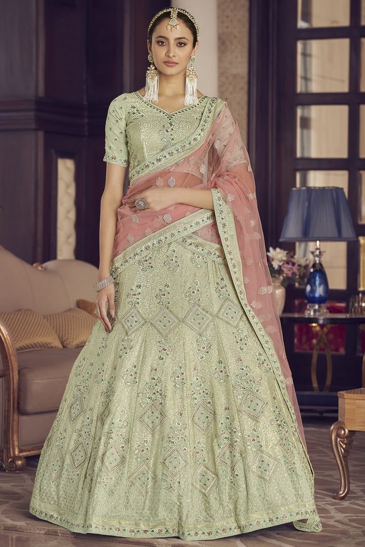 Pretty Sea Green Color Crepe Fabric Thread Embroidered Sangeet Wear Lehenga Choli