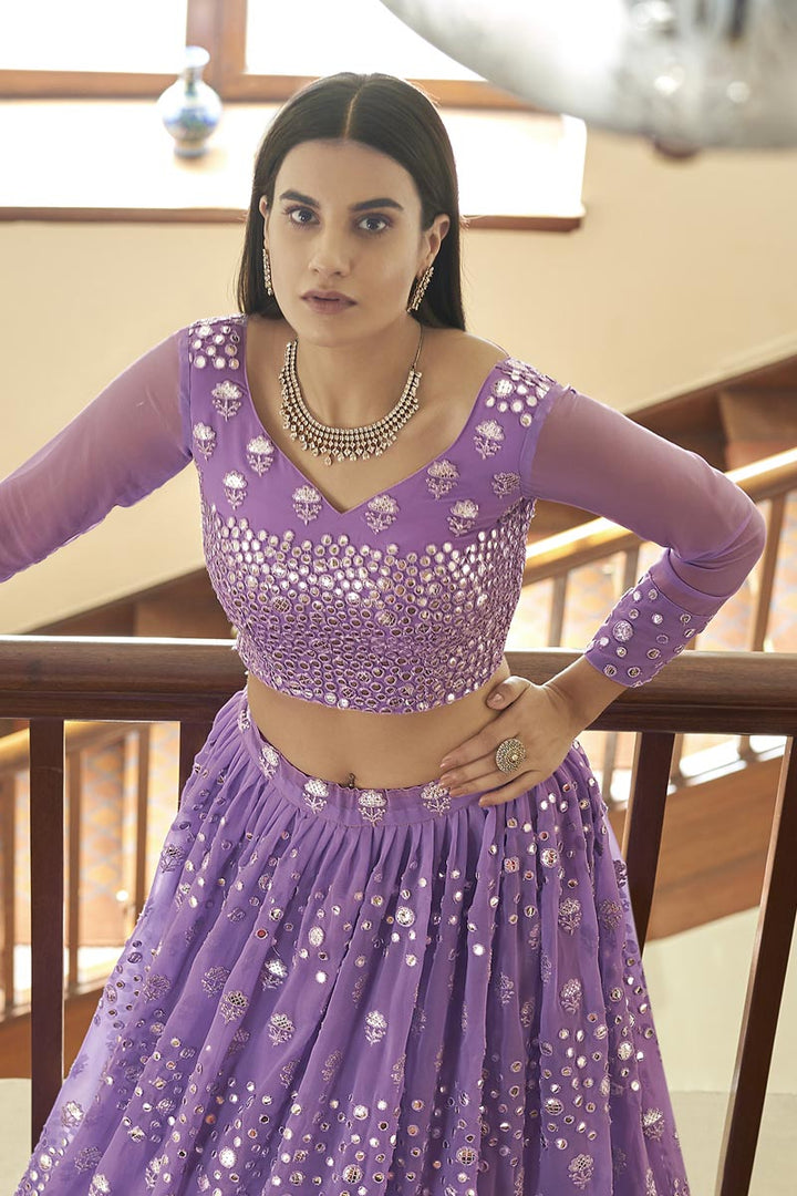 Sangeet Wear Lavender Color Chic Georgette Fabric Embroidered Lehenga Choli