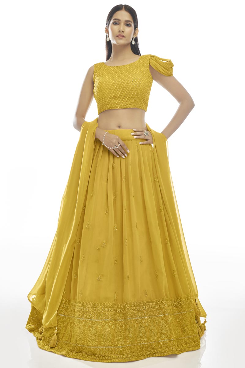 Embroidered Work On Yellow Color Georgette Fabric Engrossing Lehenga