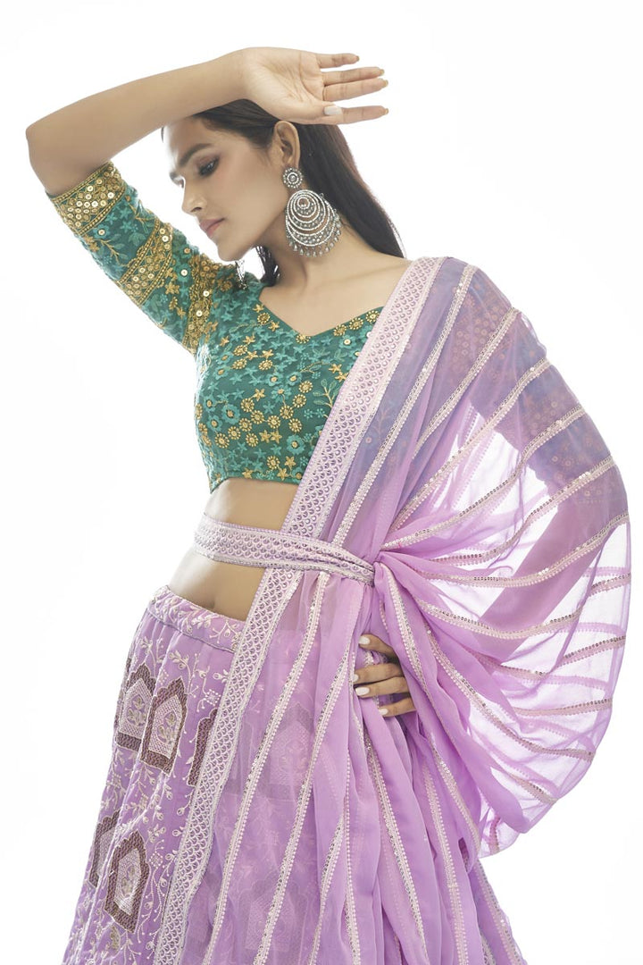 Lavender Color Embroidered Work On Georgette Fabric Riveting Lehenga