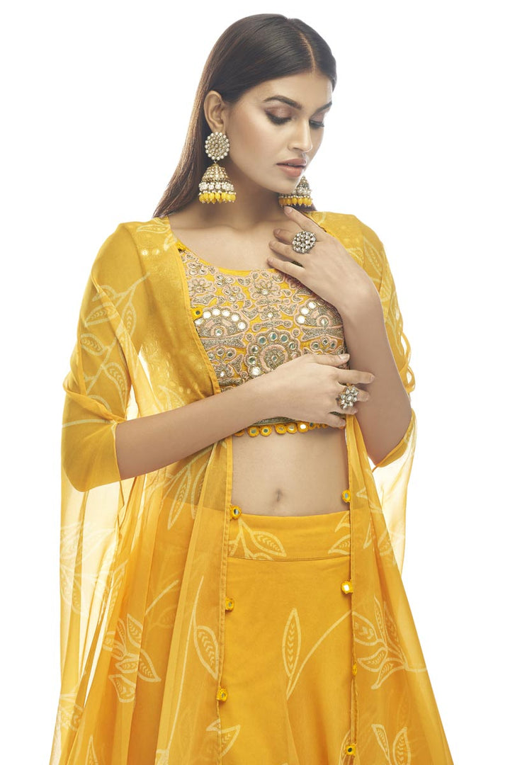 Astounding Printed Work On Yellow Color Organza Fabric Lehenga