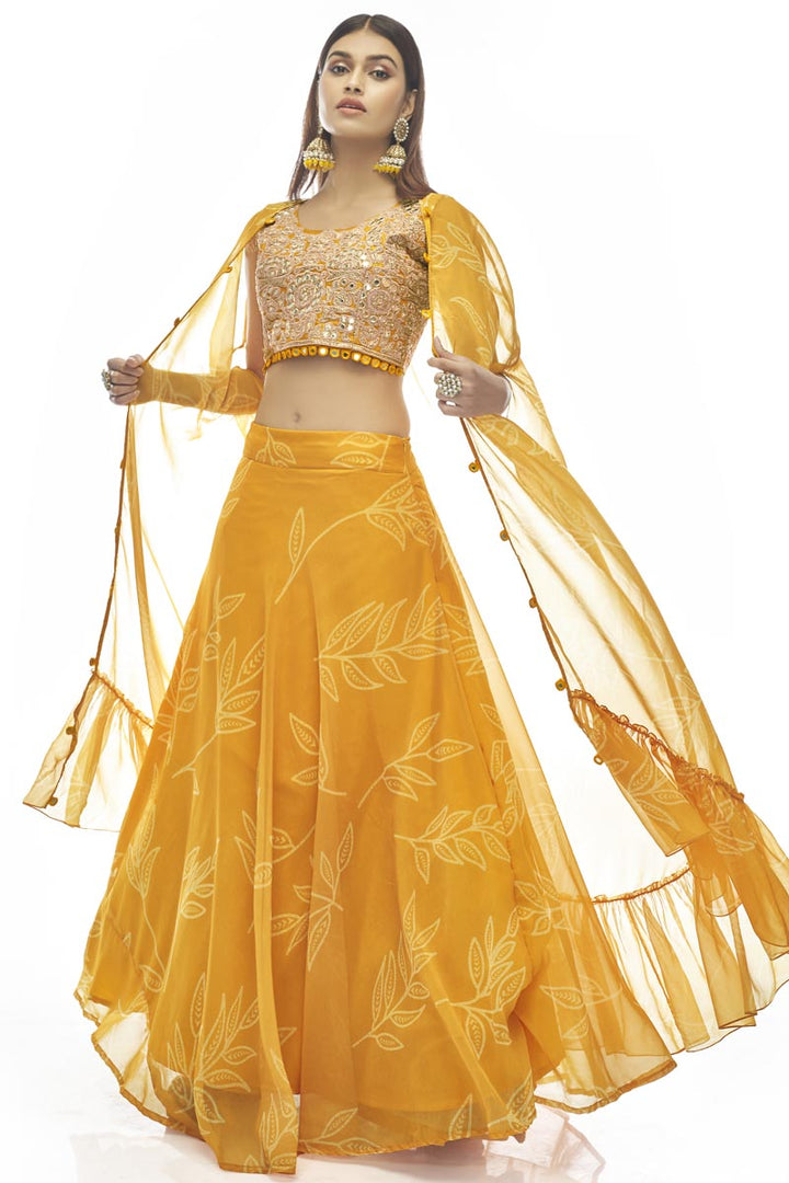Astounding Printed Work On Yellow Color Organza Fabric Lehenga