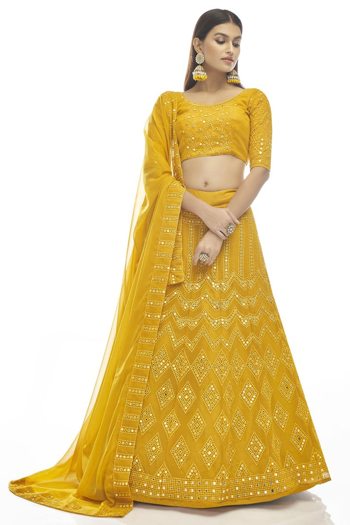 Georgette Fabric Yellow Color Imperial Lehenga With Embroidered Work