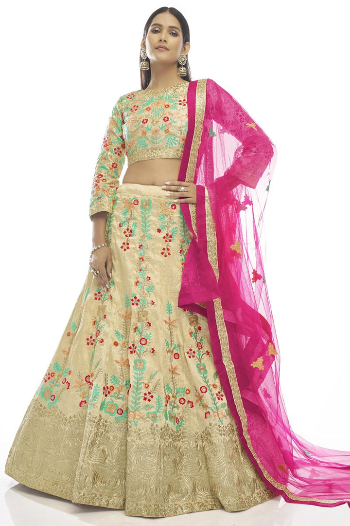 Art Silk Fabric Beige Color Lehenga With Aristocratic Embroidered Work