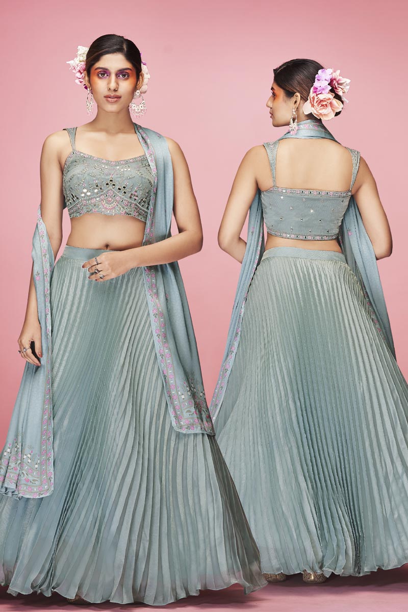 Fashionable Art Silk Fabric Light Cyan Color Embroidered Lehenga