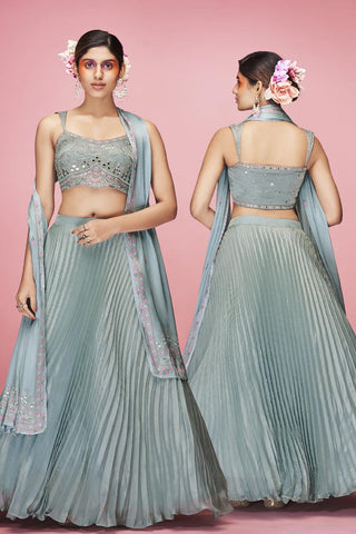 Fashionable Art Silk Fabric Light Cyan Color Embroidered Lehenga