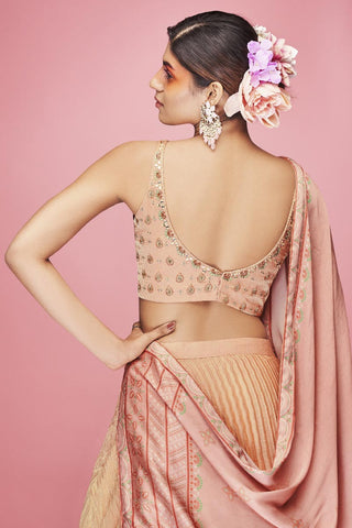 Exquisite Embroidered Work On Peach Color Art Silk Fabric Lehenga