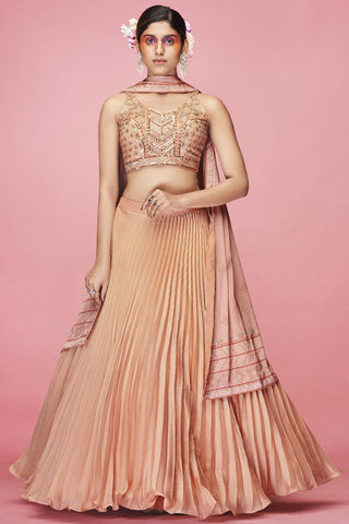 Exquisite Embroidered Work On Peach Color Art Silk Fabric Lehenga