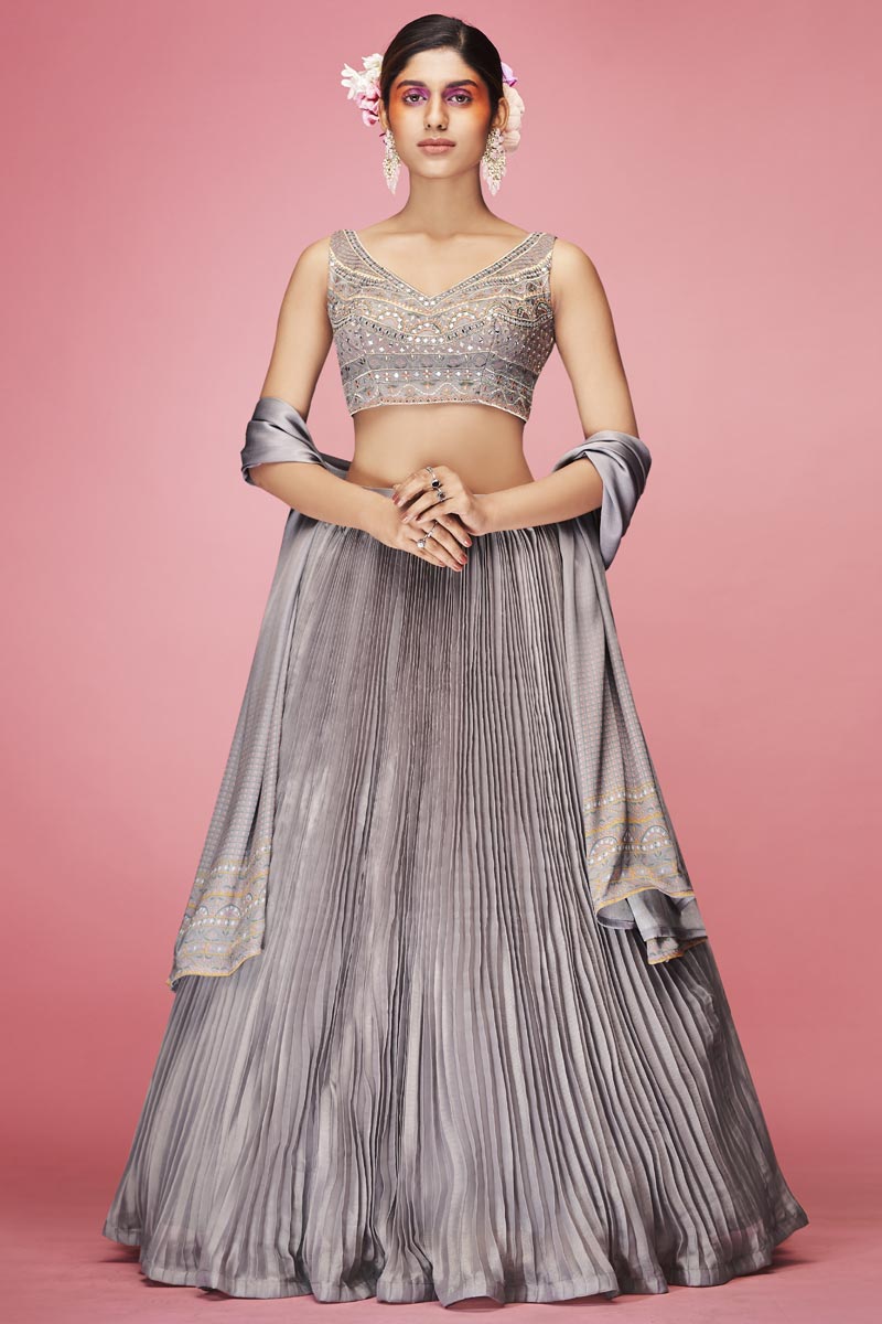 Embroidered Work On Art Silk Fabric Grey Color Incredible Lehenga