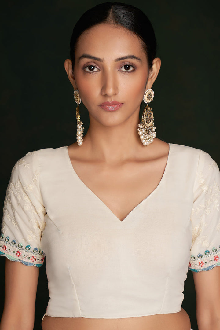 Vibrant White Georgette Saree With Rich Lucknowi Work