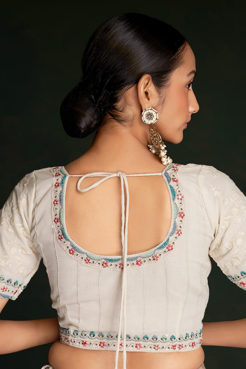 Vibrant White Georgette Saree With Rich Lucknowi Work