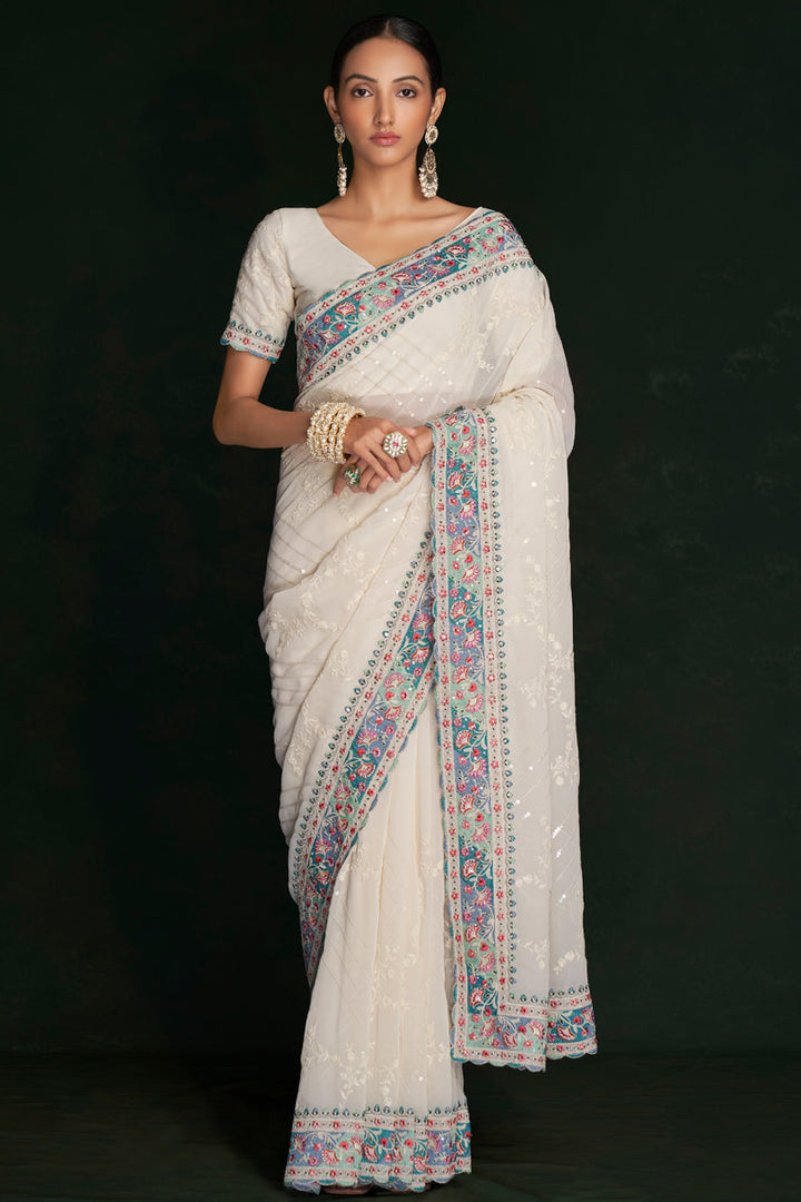 Vibrant White Georgette Saree With Rich Lucknowi Work