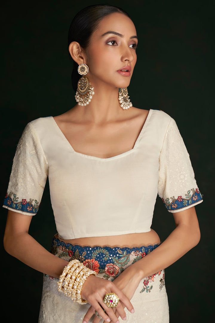 Graceful White Georgette Lucknowi Work Saree