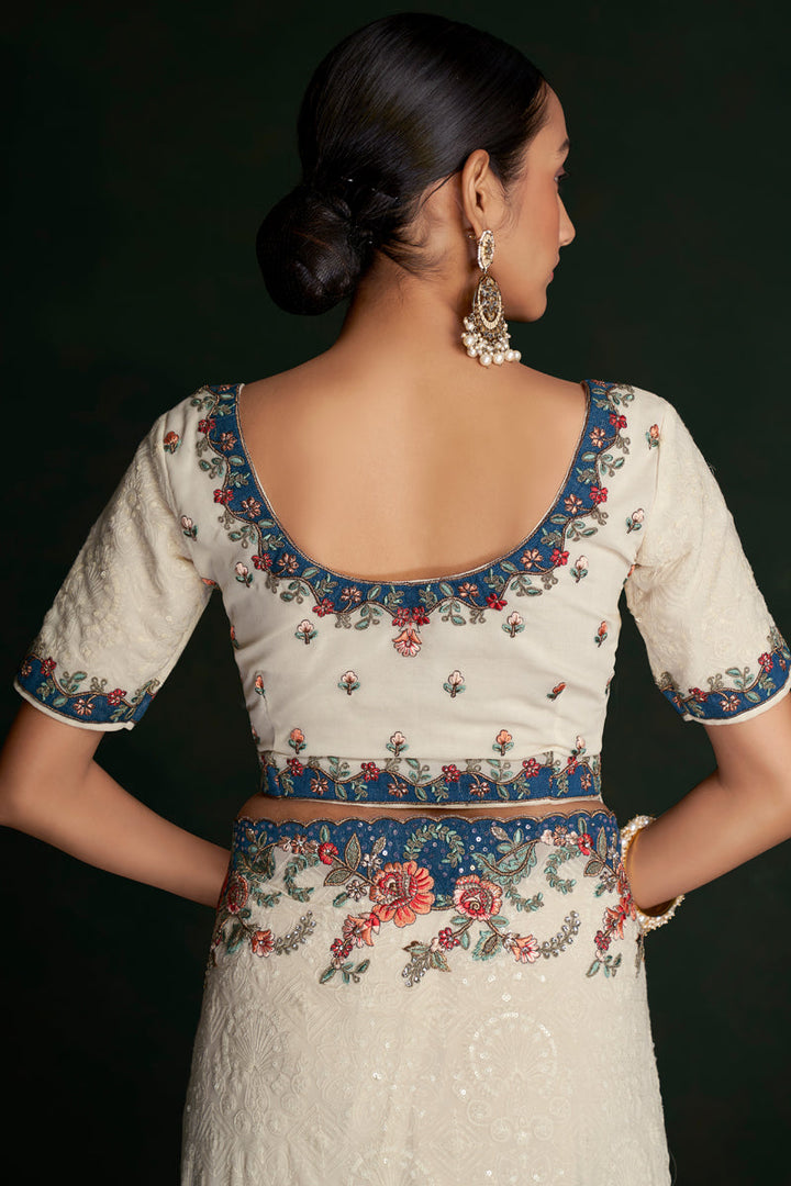 Graceful White Georgette Lucknowi Work Saree