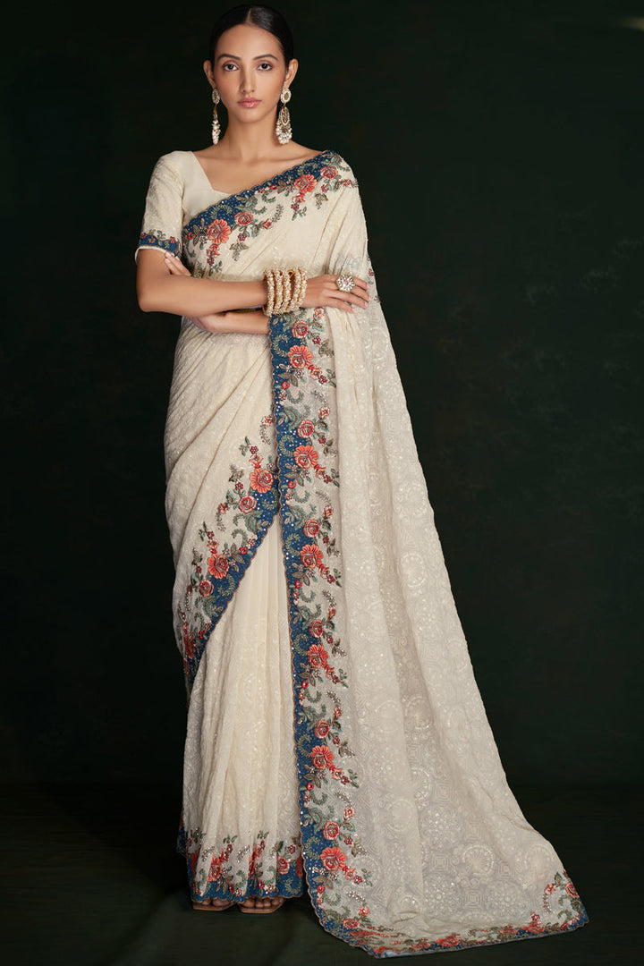 Graceful White Georgette Lucknowi Work Saree