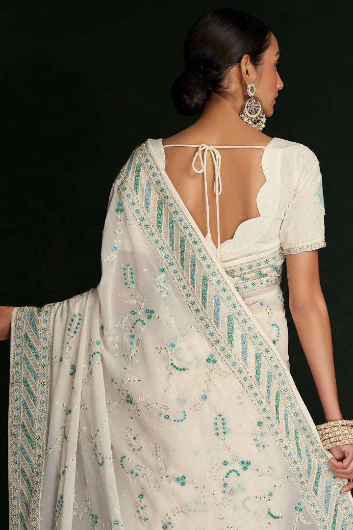 Detailed White Georgette Saree With Lucknowi Work