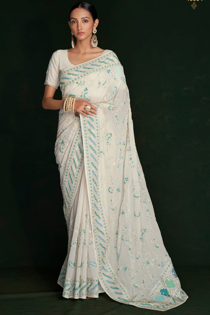 Detailed White Georgette Saree With Lucknowi Work