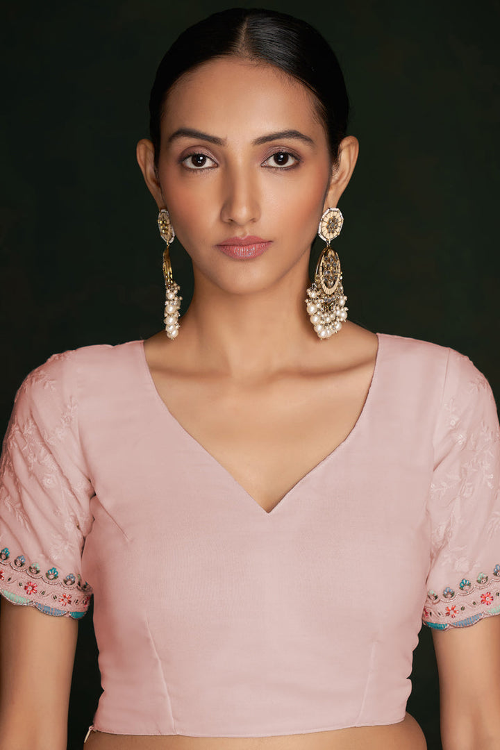Fashionable Peach Georgette Saree With Rich Lucknowi Work